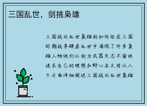三国乱世，剑挑枭雄